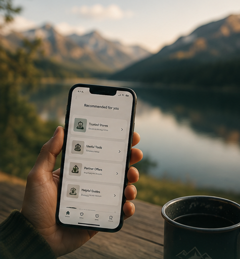 Smartphone showing a generic resource list by a mountain lake
