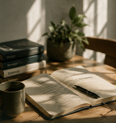 Open notebook and pen on a sunlit desk